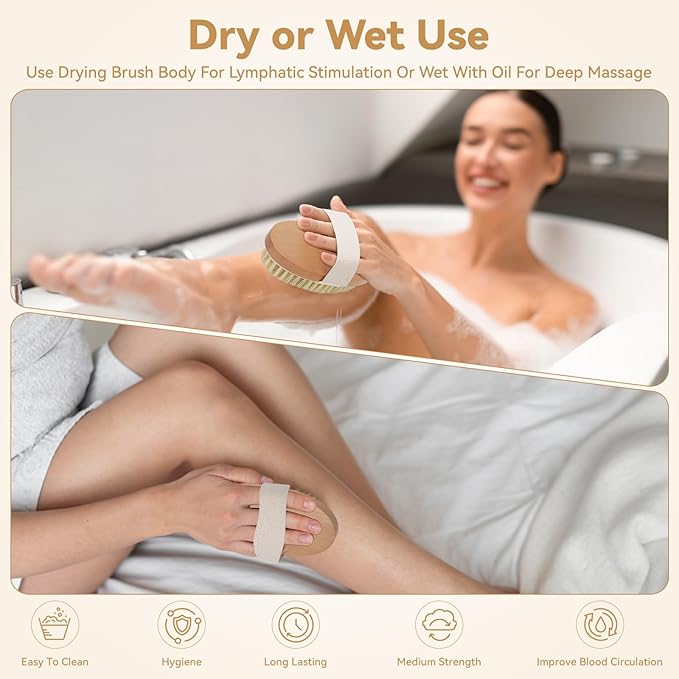 3-Pack Dry Body Brush with Massage Brush Exfoliating Dry Brushing Body Brush for Lymphatic Drainage, Natural Boar Bristle Dry Brush for Body Cellulite Improving Blood Circulation