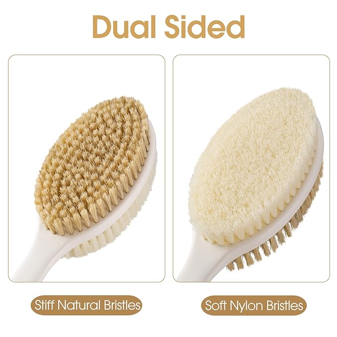 Back Scrubber Anti Slip Long Handle for Shower, Dual-Sided Back Brush with Stiff and Soft Bristles,Body Exfoliator for Bath or Dry Brush.