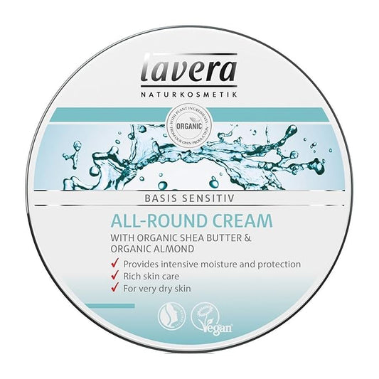 lavera Basis Sensitive All Purpose Cream - Body Cream with Aloe Vera & Almond Oil - Intensive Care for Dry Skin - Moisturizing Face Cream - PETA Certified - Vegan - Made in Germany - 5.1 Fl Oz