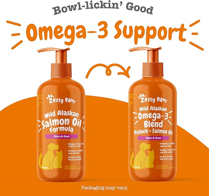 Zesty Paws Wild Alaskan Omega-3 Blend Pollock + Salmon Oil for Dogs and Cats- Skin and Coat Support, Omega 3 Supplement for Pets, 16oz