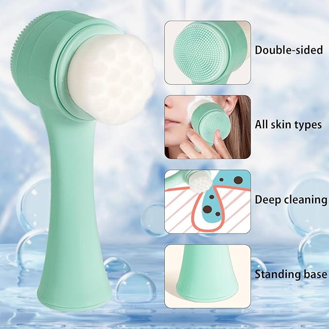 Face Brush 2 in 1, Silicone Facial Cleansing Exfoliating Brush Soft Bristles Pore Deep Cleansing, Jade Face Roller Skin Care Tools, Manual Dual Face Wash Scrub Brush Massaging Gift, Blue+Green