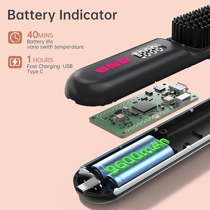 Hair Straightener Brush, Portable Cordless Mini Straightening Brush for Travel, Negative Ion Hot Comb Hair Straightener with 9 Temps for Women, Anti-Scald Ceramic, Fast Charge
