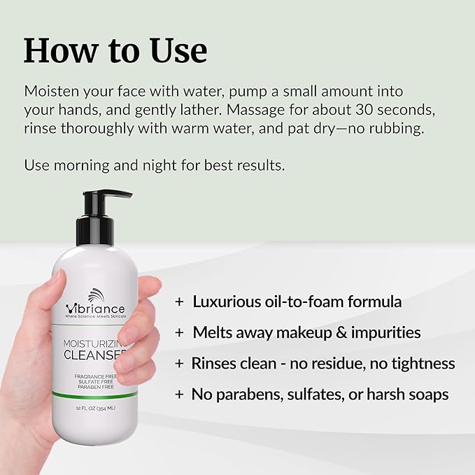 Vibriance Moisturizing Cleanser, Oil-to-Foam Face Wash with Niacinamide, Shea Butter for Mature Skin - Hydrating Gentle Facial Cleanser, Sensitive Face Wash, Sulfate-Free, 12 fl oz