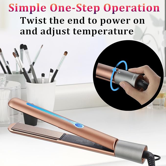 NITION Ceramic Tourmaline Hair Straighteners LCD Flat Iron MCH 10s Fast Heating Up. 1" Smooth 3D Floating Plate Healthy Straightening Tools. Travel Pouch Bag. Dual Voltage. Luxury Gift Box