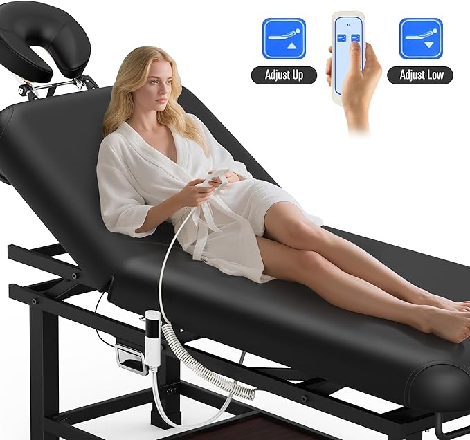 pouseayar Heavy Duty Electric Stationary Massage Table with Heating Function, Backrest Adjustable and Storage Space for Treatment/Medical Spa/Facial/Beauty/Massage Bed - 30 x 75 - Black