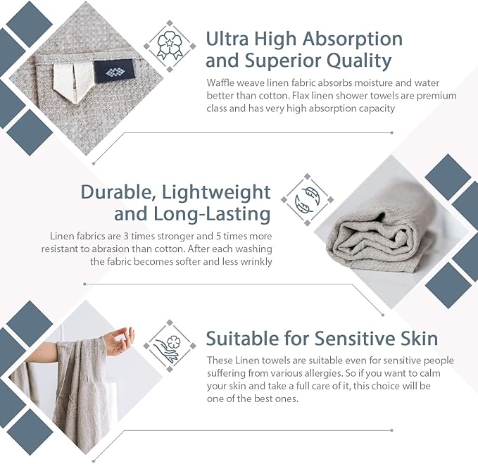 4-Piece 100% Linen Towels Set - 2 Bath Towels Set, 2 Hand Towel Sets - Natural Fiber Waffle Towels for Bathroom Thin Pre-Washed Lightweight Quick-Dry Absorbent