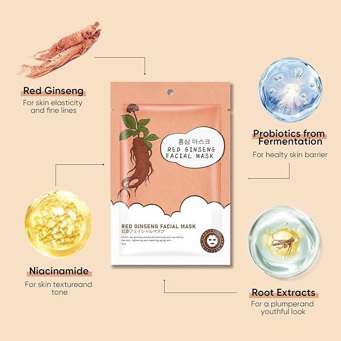 10Pack Sheet Face Masks Skincare for All Skin Types, Moisturizing Hydrating Facial Masks Suitable for Sensitive Skin, Red Ginseng Face Masks for Wrinkles, Fine-Lines, Firmness and Elasticity