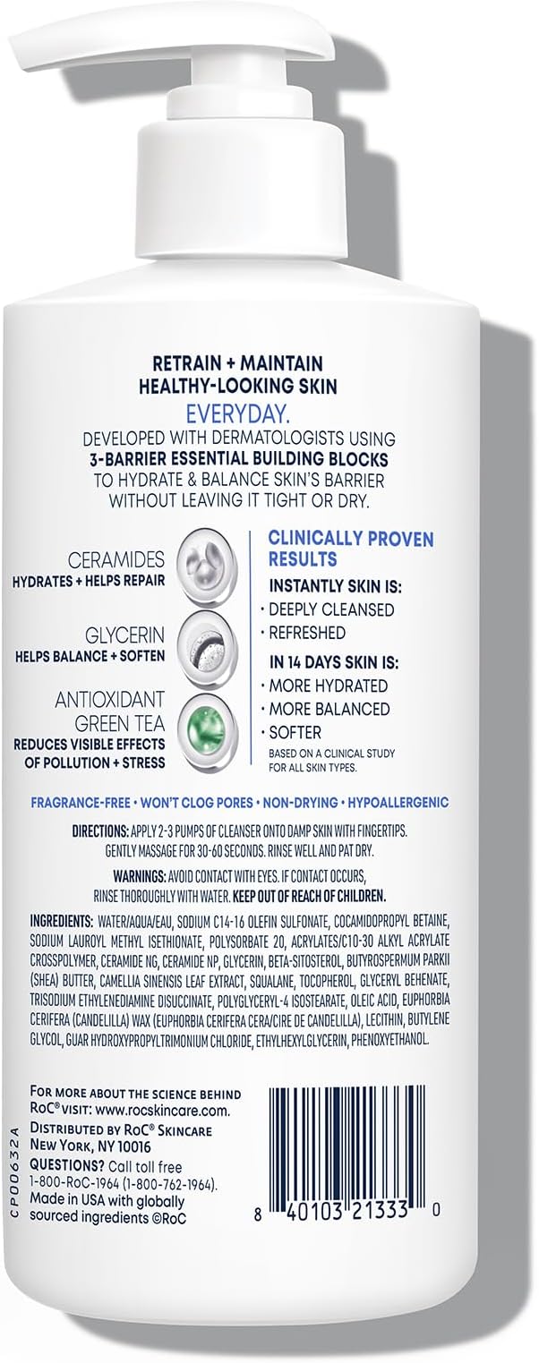 RoC Barrier Renew Gel to Foam Non Drying Foaming Facial Cleanser to Hydrate Skin, facial cleanser for sensitive skin, 12 Ounces