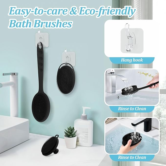 Silicone Back & Body & Face Scrubber Set 3PCS, Gentle Exfoliating Back & Body Scrubber with Dual-Side Brush Head, Hygienic Silicone Loofahs with Soft Bristle and Non-Slip Handle(Black-3PC)