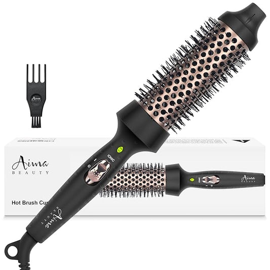 Aima Beauty Hair Curling Iron Brush, 1.5" Ceramic Hot Brush for Loose Curls, Dual Voltage & 60Mins Auto-Off, Black