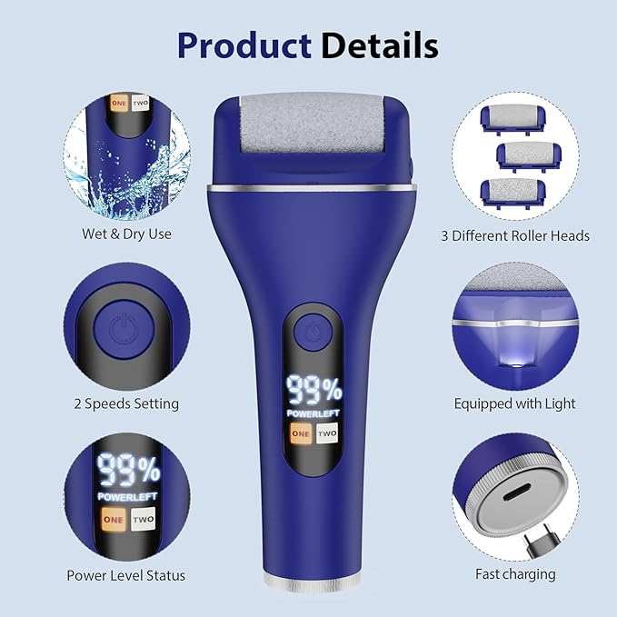 Electric Callus Remover for Feet, Rechargeable Portable Electronic Foot Callus Remover 2-in-1 Wet/Dry Foot Scrubber Electric Toot File for Hard Cracked Dry Dead Skin（Blue）