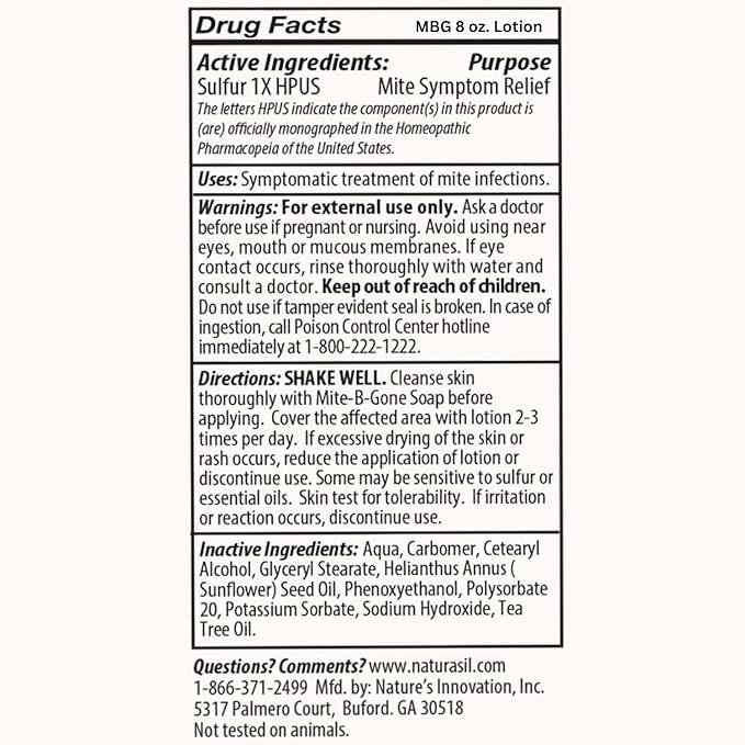 Mosquito Bite Itch Relief by Mite-B-Gone - Natural Sulfur Lotion to Stop Insect Bite Itching, Skin Redness, Discomfort & Irritation | Safe for Kids & Adults| Fast & Effective for All Skin Types| 8 oz