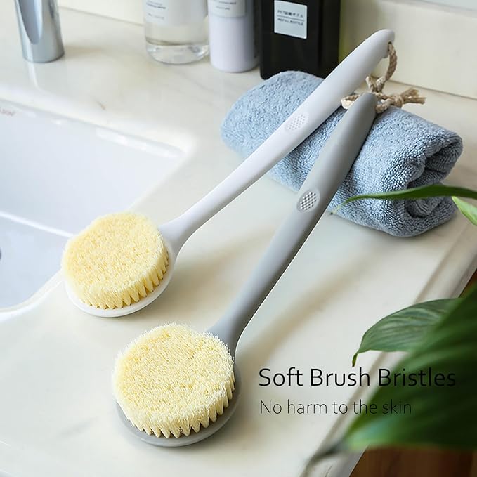 2 Pack Shower Brush for Back, 14in Body Brush Long Handle Back Scrubber, Soft Bristles Shower Brush for Men & Women, Bath Scrubber with Scalp Massager Shampoo Brush and Mini Exfoliating Brush (2 Pack)