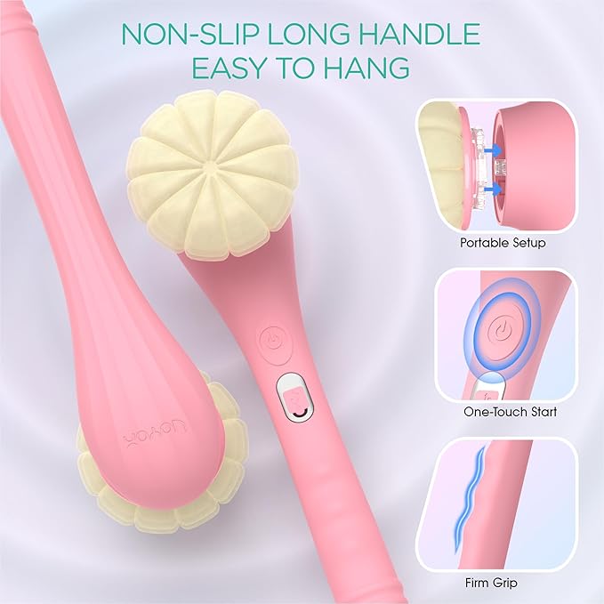 VOYOR Electric Body Brush Back Scrubber Silicone Body Scrubber Two-Way Rotating Brush Head for Deep Cleaning, Exfoliation, 4 Attachments Long Handle IPX6 Rechargeable Shower Brush BC300 (Pink)