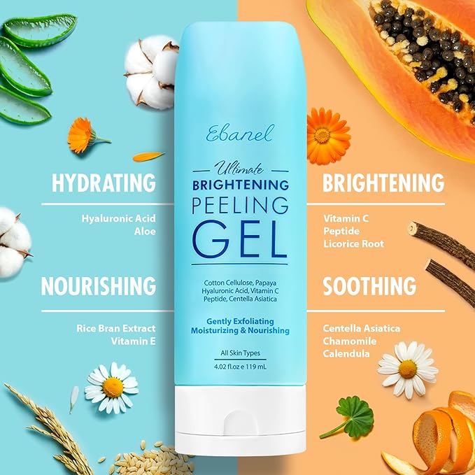 Ebanel Brightening Peeling Gel with Cotton Cellulose, Rice, Papaya, Centella, Hyaluronic Acid for Face and Body, Gentle Exfoliating Face Scrub Gel Peel Wash, Deep Pore Cleanser Minimizer Exfoliator