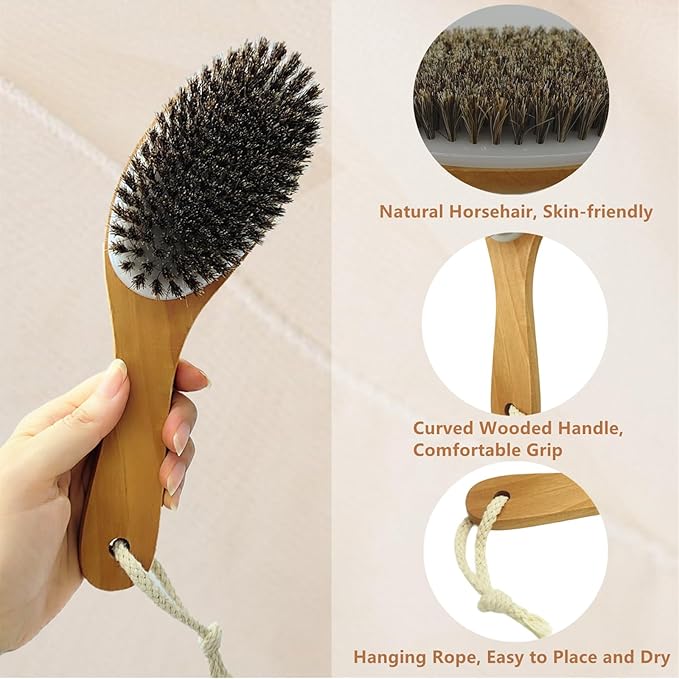 Dry Brushing Body Brush, Natural Horsehair Exfoliating Body Scrubber Bath Brush with 9.8” Curved Wooden Handle for Shower, Gentle Skin Exfoliation, Cellulite and Lymphatic Improvement Gift