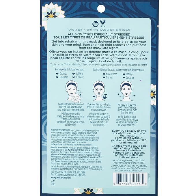 Pacifica Beauty Skin Rehab Coconut and Caffeine Facial Mask, Skincare, Green Tea, Puffiness, Face Mask, Sheet Mask, Face Care, All Skin Types, Vegan (6 Sheets)
