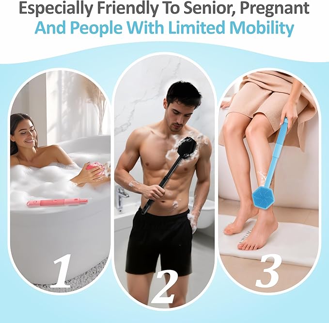 Silicone Back Scrubber & Soft Bath Glove 2PCS, 16''- 21''Extendable Back Scrubber with Dual-Side Large Head, 360° Anti-Slip Hand-fit Silicone Body Scrubber for Rich Foaming Deep Cleaning(Blue)