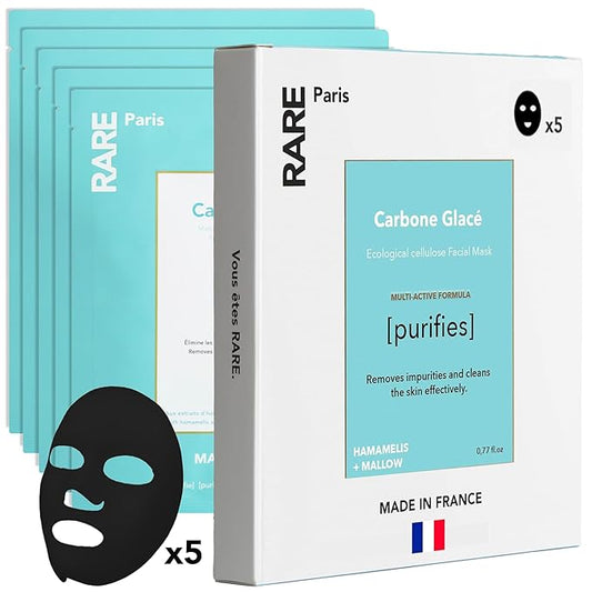 RARE Paris - Carbone Glacé - Purifying Carbon Black Facial Sheet Mask - Cleanses & Tightens - With Hamamelis & Mallow - Purifying, Firming & Revitalizing - Multi-Active Serum Formula - 5 Pack