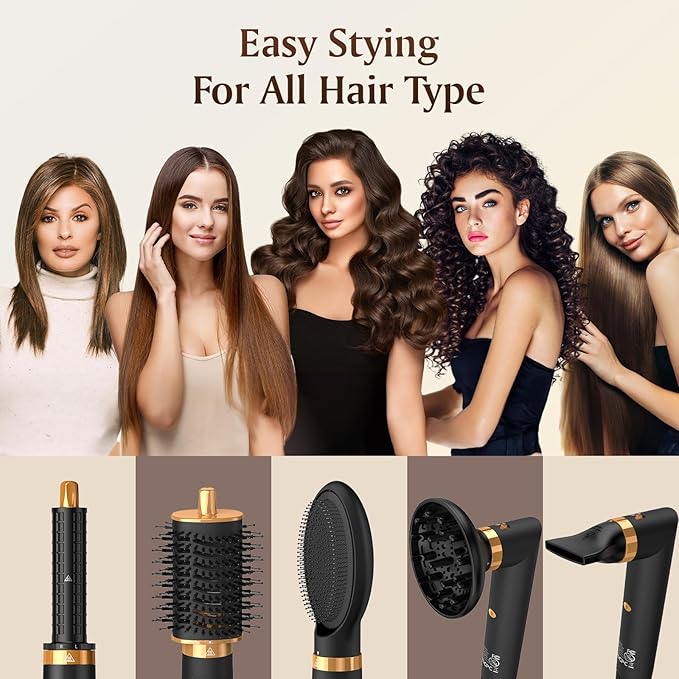 Air Styler 5 in 1, Hair Dryer Brush & Multi-Styler with 110,000 RPM High-Speed Powerful Motor, Auto-Wrap Curler, Cushion Massager, Oval Brush, Diffuser, Nozzle Attachment