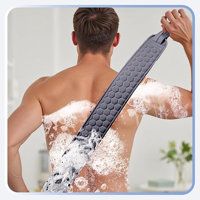 Back Scrubber for Shower with Handles, 40 Inch Extra Long Double-Sided Exfoliating Bath Strap, Textured Body Washer with Extended Reach for Deep Cleaning (Grey)