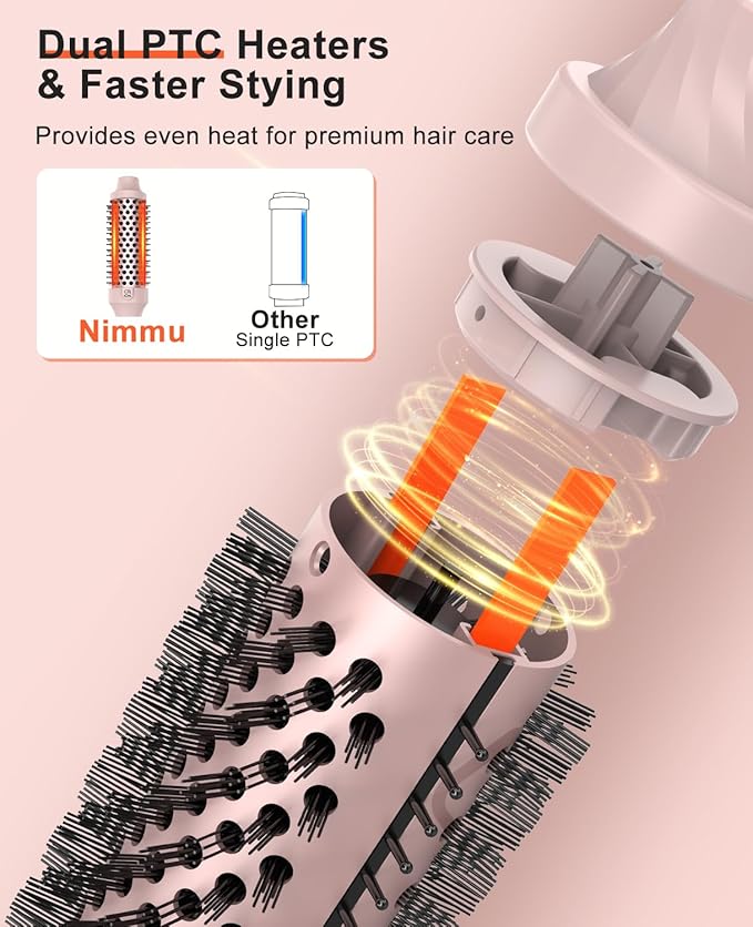 Nimmu Thermal Brush for Blowout Look, 1.5 inch Heated Round Brush, Curling Iron with 10 Temperature Control, Hot Styler Dual Voltage for Travel, Pink