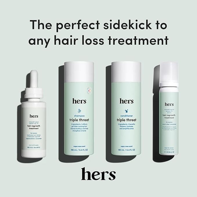 hers triple threat shampoo for hair that feels and looks thicker and stronger with biotin, saw palmetto, pumpkin seed oil, lightly scented with rose, helps control hair shedding, 2 pack, 6.4oz