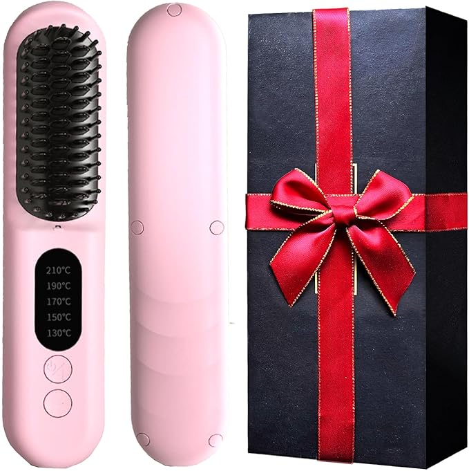Mindrain Mini Cordless Hair Straightener Brush Pro A+, Portable Straightening Brush for Travel, Ionic Hot Comb Straightener, USB Rechargeable, It can be Used While Charging, Gifts for Women. (Pink)