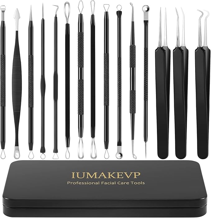 Pimple Popper Tool Kit, IUMAKEVP 15 PCS Professional Stainless Steel Blackhead Remover Comedone Extractor Tools for Removing Pimples, Blackheads, Zit on Face - Acne Removal Kit with Metal Case (Black)