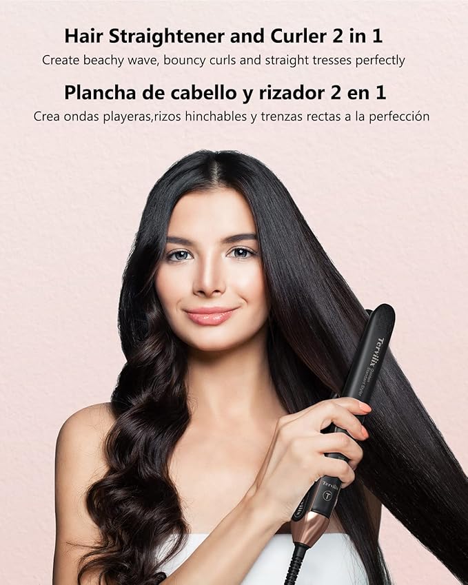 Terviiix Non-Snagging Ceramic Flat Iron Hair Straightener 1 inch, Plancha De Cabello,3X Less Damage Hair Straightener and Curler, 15s Fast Heating, 5 Adjustable Heats, Max 450°F