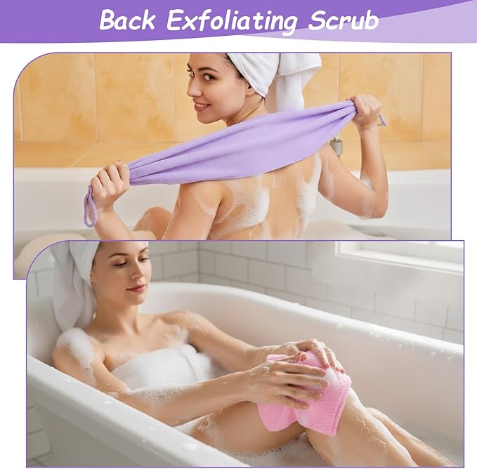 Exfoliating Shower Towel, 3 Pcs Double-Sided Back Exfoliator Body Scrub Towel, Nylon Scrubber with Handles, Stretchable Back Washer for Shower for Women Men(Green, Pink, Purple)