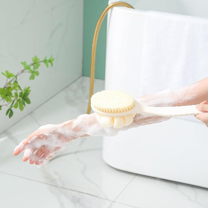 Shower Body Brush with Bristles and Large Pumpkin Loofah,Back Scrubber Bath Mesh Sponge with Anti-Slip Curved Long Handle for Skin Exfoliating,Massage Bristles for Wet or Dry,Men Women (Pink)