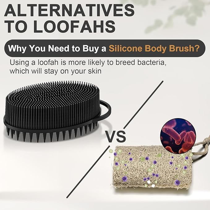 Metene Silicone Exfoliating Body Scrubber with Loop, Body Scrubber for Men and Women, Double-Sided, Soft for Shower and Bath Skincare Routine(Dark Black