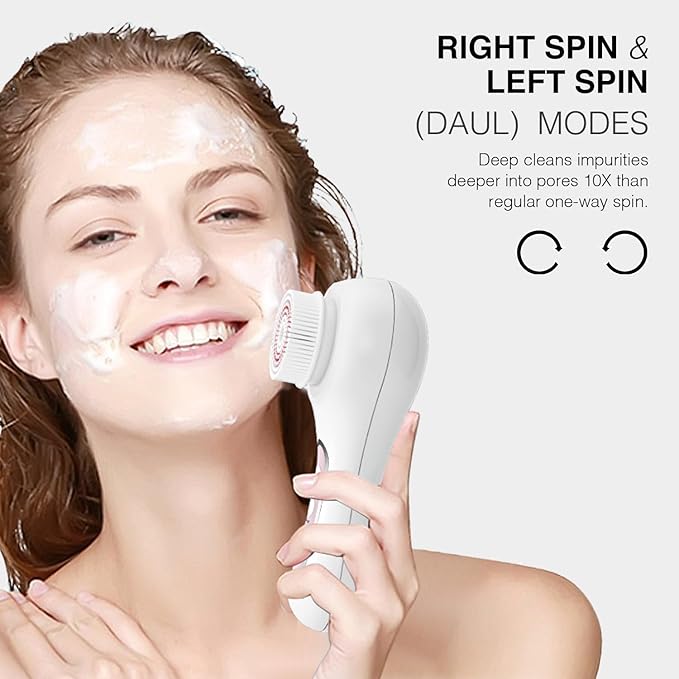 Face Scrubber Exfoliator, Rechargeable Facial Cleansing Brush with 2-Way Rotation & 3 Modes, 30-Day Runtime, 5 Brush Heads for SPA-Level Care, IPX7 Waterproof, Deep Cleaning for All Skin Types