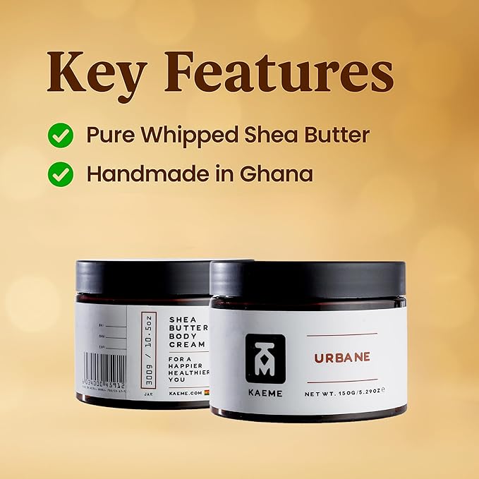 Kaeme Urbane Raw Shea Butter Unrefined Skin Moisturizer with Coconut Oil handmade from Organic whipped body butter for women and men (10.5oz/300g jar)