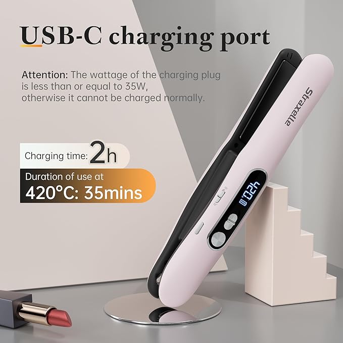 Mini Cordless Hair Straightener and Curler 2 in 1, Mini Portable Flat Iron Adjustable 350°F-420°F Travel Hair Straighteners LED Display/5000mAh Ceramic Flat Iron Hair Straightener for Women Men(Pink)