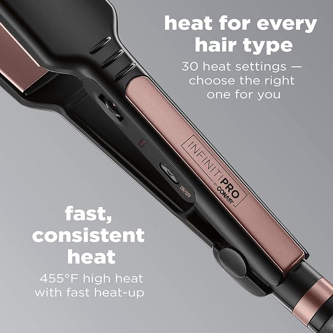 Infiniti PRO CONAIR Rose Gold Ceramic Flat Iron Hair Straightener, 1 1/4-Inch Flat Iron with Extra-Long Plates, Including a Floating Plate, Advanced Heat Technology, Black