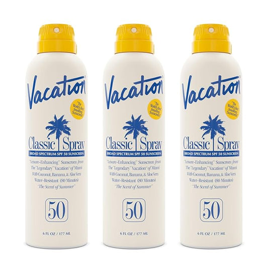 Vacation Classic Sunscreen Spray SPF 50, Water-Resistant, Lightweight, Transparent on All Skin Tones, Dermatologist-Tested, Vegan, 6 Fl. Oz. (Value Pack of 3)