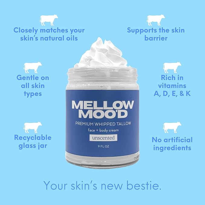 Mellow Moo'd Unscented Whipped Grass Fed Beef Tallow - Face + Body Cream - Tallow Moisturizer for Sensitive Skin - Natural Body Butter Lotion XTRA Large 9 FL OZ - Made In USA