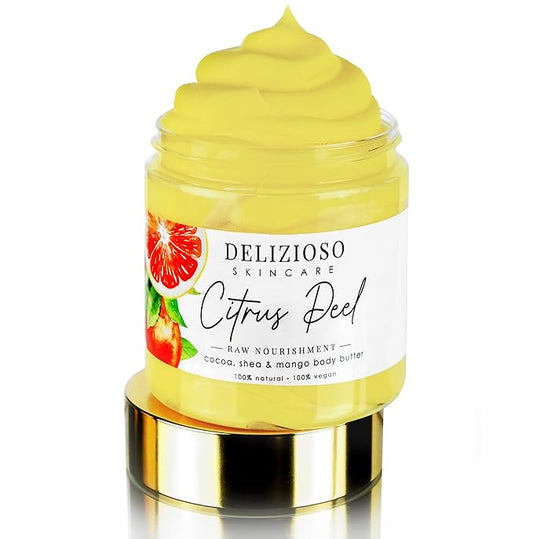 Citrus Peel 100% Natural & Vegan Raw Nourishment Body Butter - Cocoa, Shea & Mango Butter - Rich, Quick Absorbing Moisturizer For Full Body, Hands & Feet - Handmade, Cruelty Free, with Organics, Delizioso Skincare - 8 oz