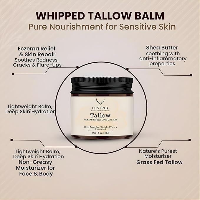 Whipped Tallow Cream 4oz | Grass Fed Beef Tallow Balm for Face & Body | Unscented Tallow Moisturizer for Dry Skin, & Sensitive Skin (120 gram, Unscented)