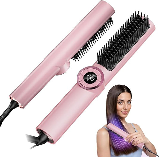 Hair Straightener Brush: Upgraded Straightening Comb for Women with Dual Voltage, Pink