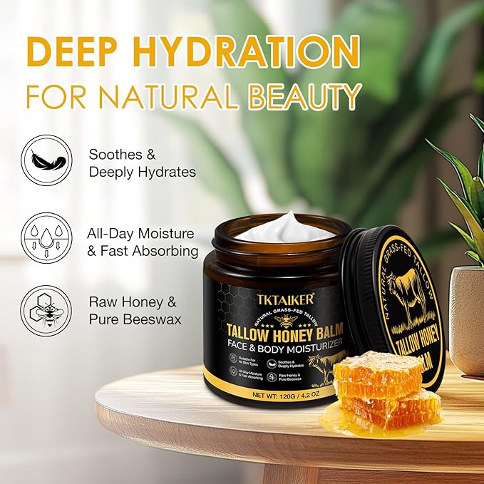 Beef Tallow for Skin, Beef Tallow for Face, Hydrating Tallow Balm with Raw Honey and Beeswax, Grass-Fed Beef Tallow & Raw Wild Honey Blend, Body & Face Moisturizer, Natural Formula, Light Scent