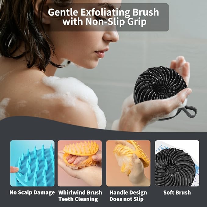 Larger Silicone Body Scrubber&Scalp Massager Hair Growth,Dual Sided Dual-Use,Exfoliating Body Scrubber,Wet&Dry Brush for Hair Massager Scalp,Silicone Shower Scrubber (Black)