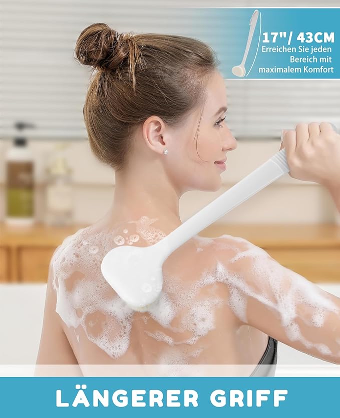 Back Scrubber for Shower with 17" Long Handle, Non-Slip Grip Shower Brush, Moderate Bristles Body Brush for Gentle Exfoliation, Back Brush for Shower Men & Women – White