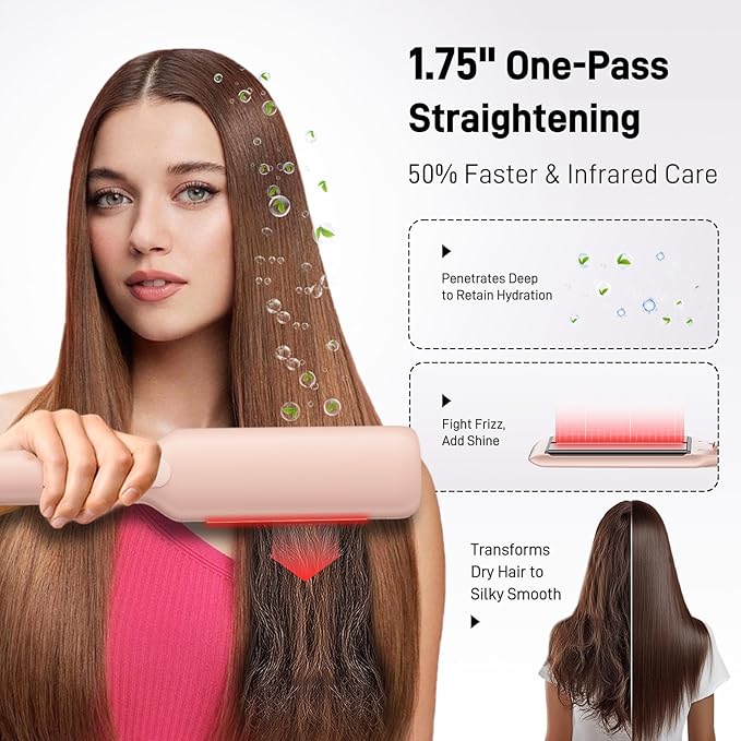 Flat Iron Hair Straightener – 1.75” Ceramic Infrared Ionic Flat Iron with 5s Fast Heat-Up, Vibration Technology, LCD Temp Control, Dual Voltage, Anti-Frizz Styling for All Hair Types