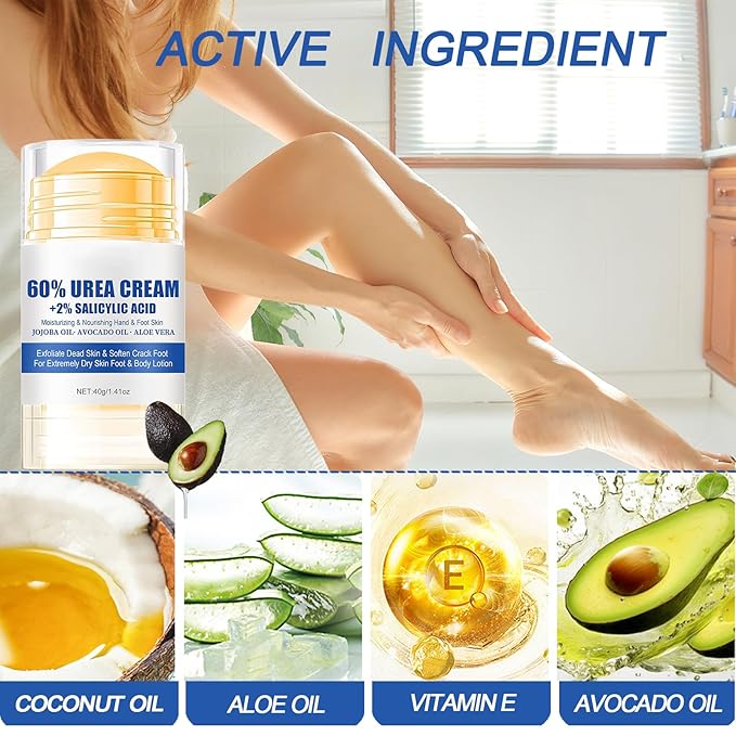 Urea Cream 60% plus Salicylic Acid 2%Hydrating and Anti-Cracking Urea Foot Cream,Foot Balm Stick Repairs Cracked Heel Feet Maximum Strength,Moisturizer for Dry Cracked,Feet, Knees, Elbows, Hands