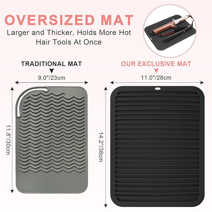 AMIJEAL Oversize Silicone Heat Resistant Mat for Hair Tools, Curling Iron Flat Iron Hair Straightener Holder Mat, Portable Hot Tools Cover Pad for Travel Vanity Salon(14.2" x 11.0")