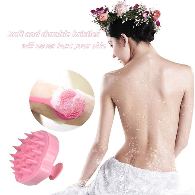 Silicone Body Scrubber & Scalp Massager, Long Handle Shower Brush, Exfoliating Scrubber for Men, Women & Kids