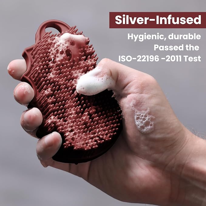 Silicone Body Scrubber Silver-Infused Dual-Sided 3-in-1 for Shower, Body Cleaning+Massage+Exfoliator Body Brush Buffer for Men and Women, Silicone Loofah, Non-Slip Handle (Burgundy)